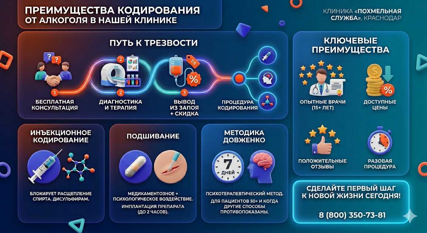 Инфографика о методах кодирования от алкоголя в Торбеево: инъекции, подшивание, метод Довженко. Преимущества клиники и этапы лечения.